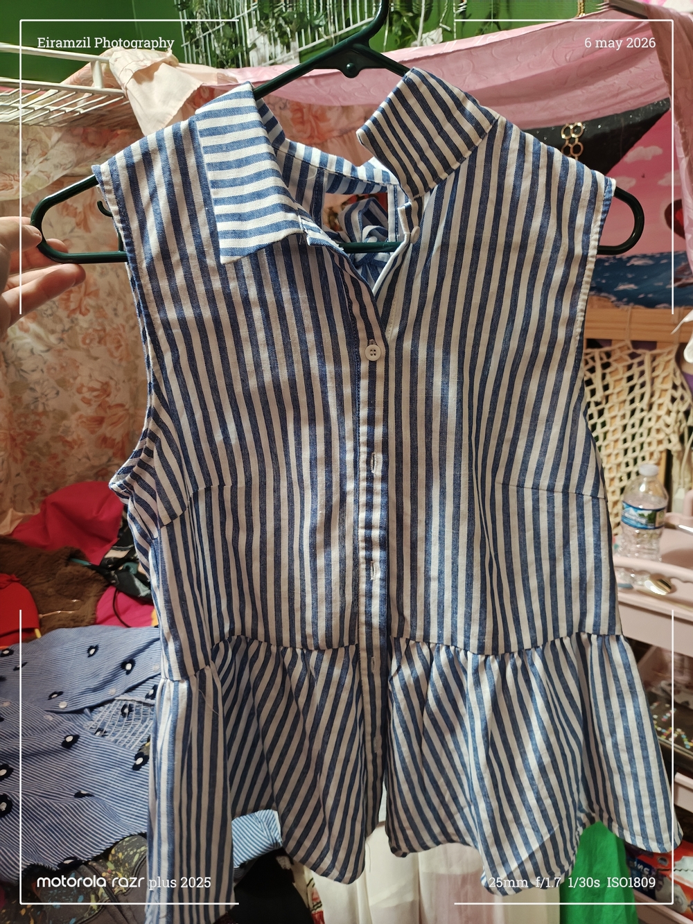 SHEIN Blue and White Striped Sleeveless Peplum Button-Up Tank
